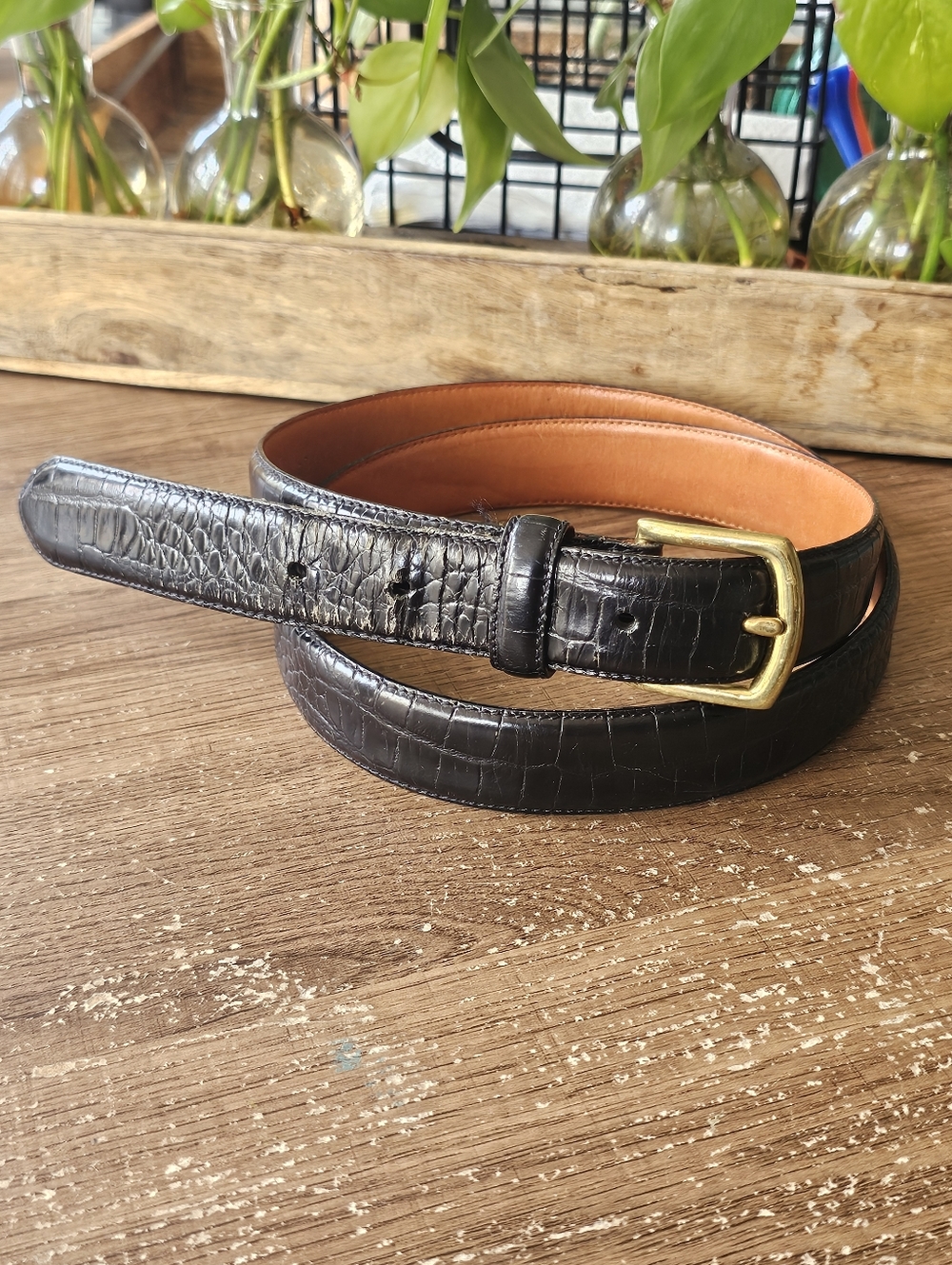POLO RALPH LAUREN EMBOSSED ALLIGATOR PATTERN LEATHER Black Belt Mens Sz 40 Flaw